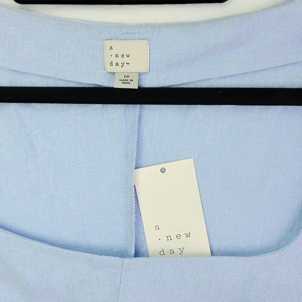 A New Day Mini Linen Dress Size 16 Light Blue Puff Sleeve Cottage Coastal Beach